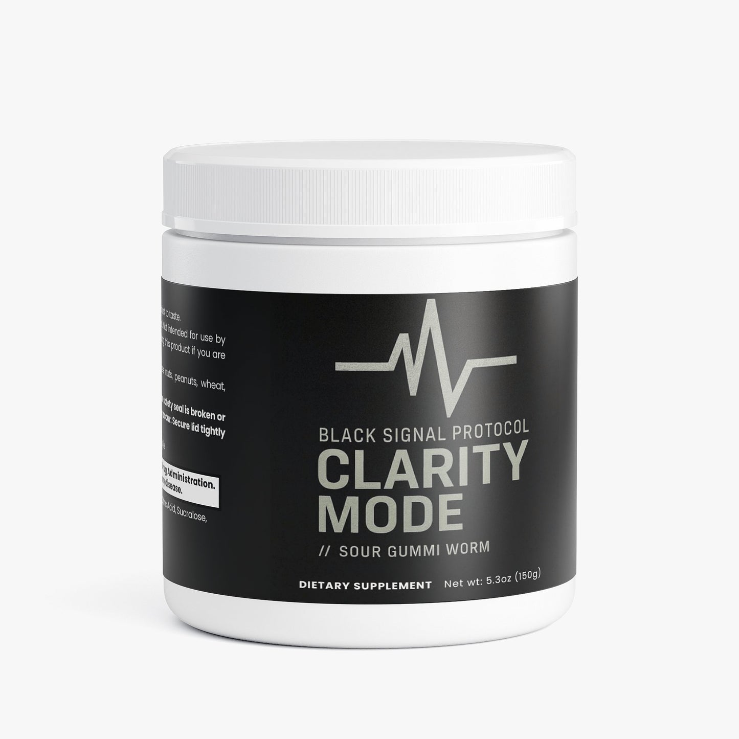 Supplement container labeled 'Black Signal Protocol Clarity Mode' on a white background