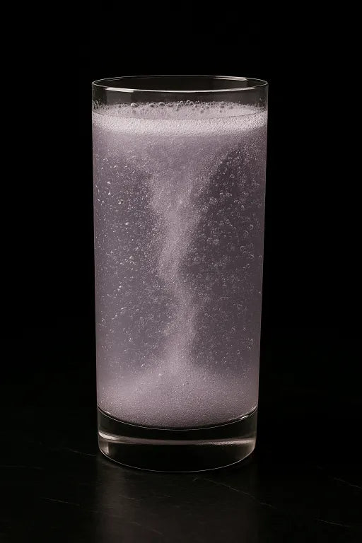 Clear glass filled with a purple beverage on a black background