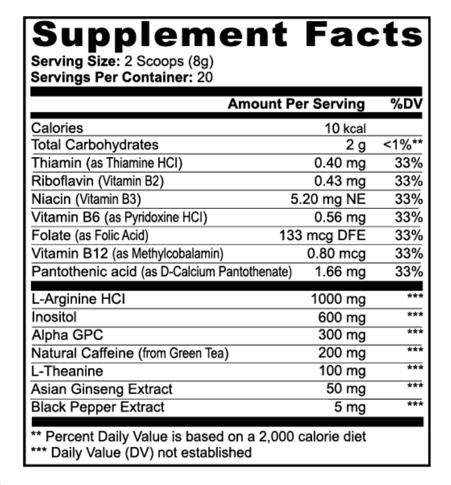 Supplement facts label with various vitamins and minerals listed