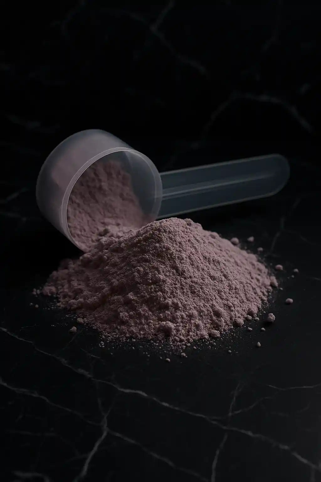Pink powder spilling out of a transparent scoop on a black background