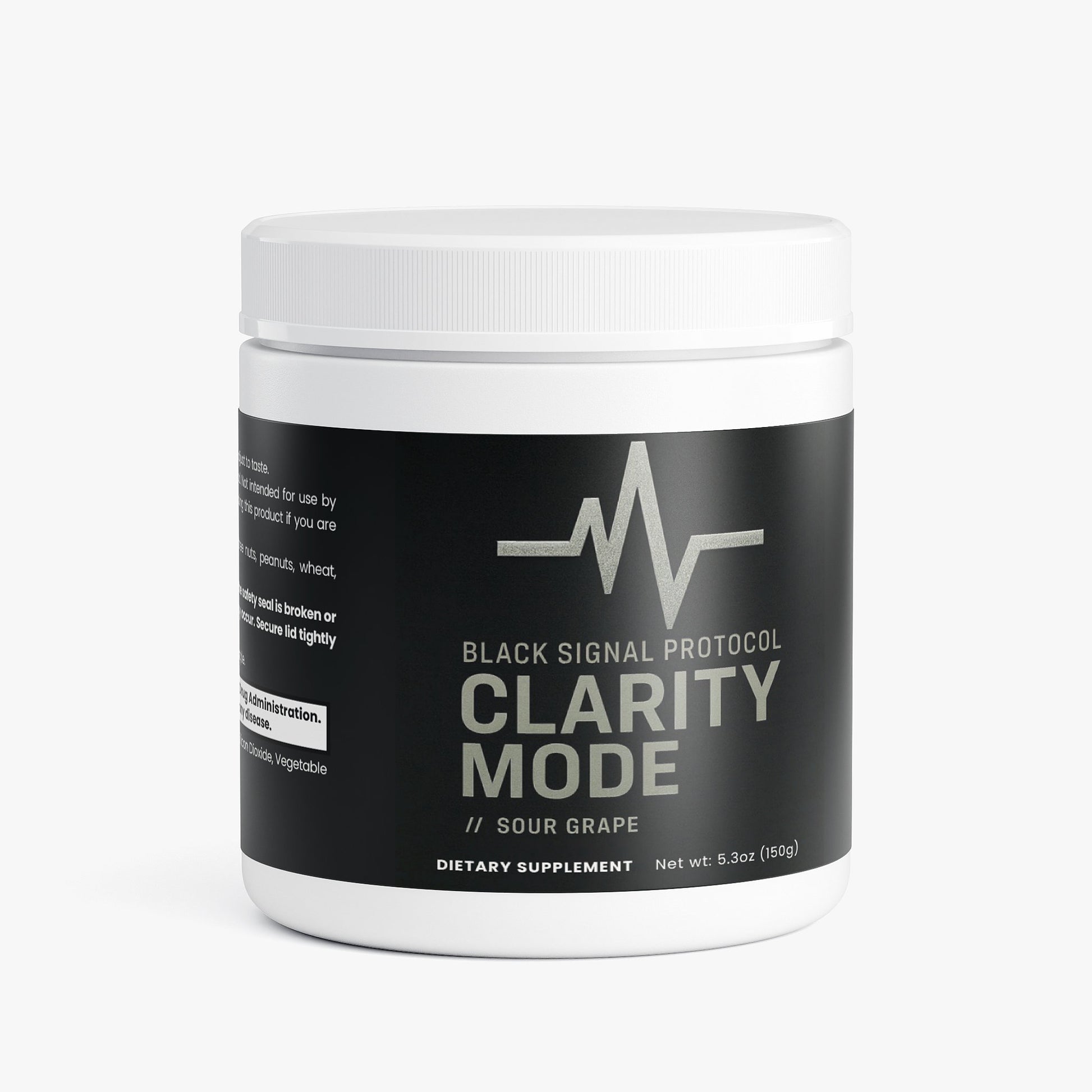 Dietary supplement container labeled 'Black Signal Protocol Clarity Mode' on a white background