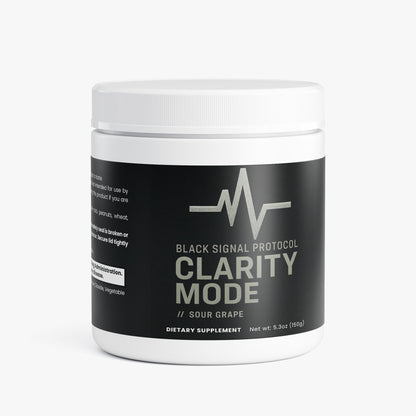 Dietary supplement container labeled 'Black Signal Protocol Clarity Mode' on a white background