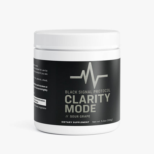 Dietary supplement container labeled 'Black Signal Protocol Clarity Mode' on a white background