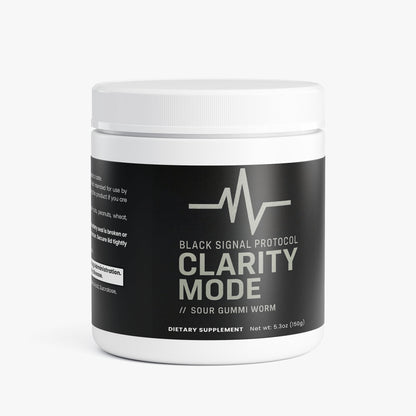 Supplement container labeled 'Black Signal Protocol Clarity Mode' on a white background