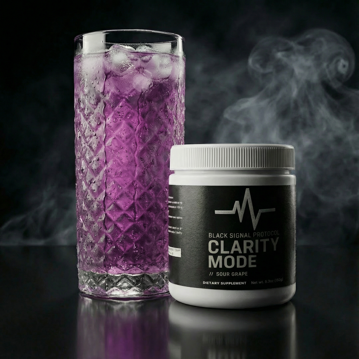Purple iced drink next to a container labeled 'Black Signal Protocol Clarity Mode' on a dark background